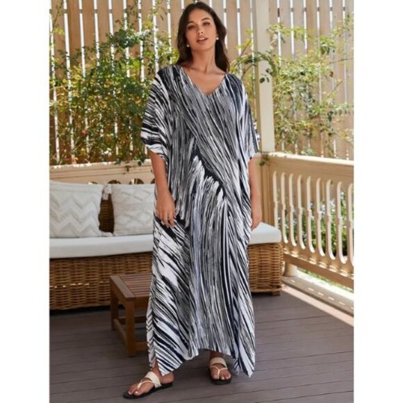 Kaftan Maxi Dress Black White Abstract Cover Up Lounge NEW - Picture 4 of 8